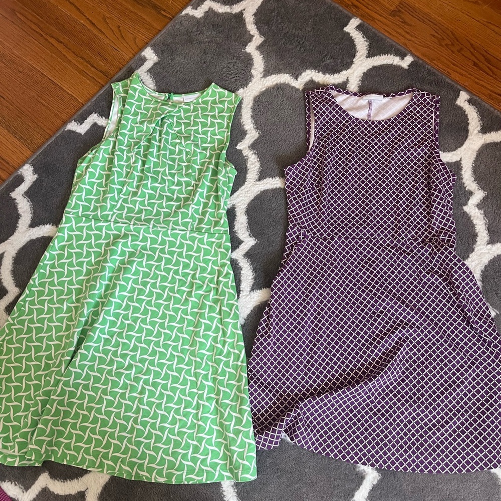 Jones New York Sleeveless Green Geometric & Purple Patterned Dresses